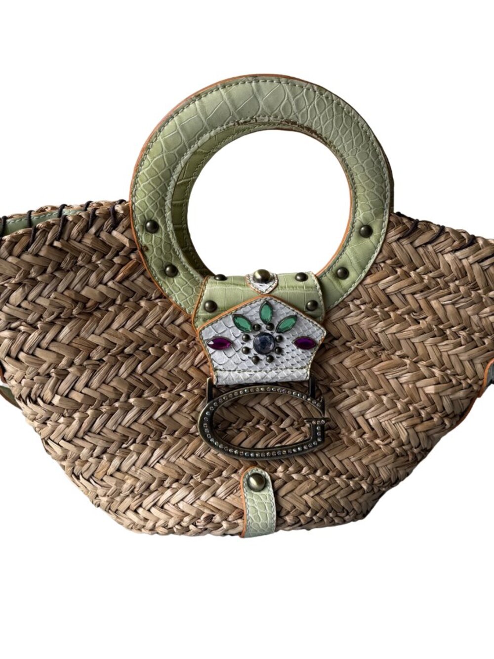 Y2K Guess straw handbag with green croc-embossed handles & decorative rhinestone